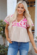 Beige Floral Embroidered Short Sleeve Notched V Neck Blouse by Wild and Free Boutique