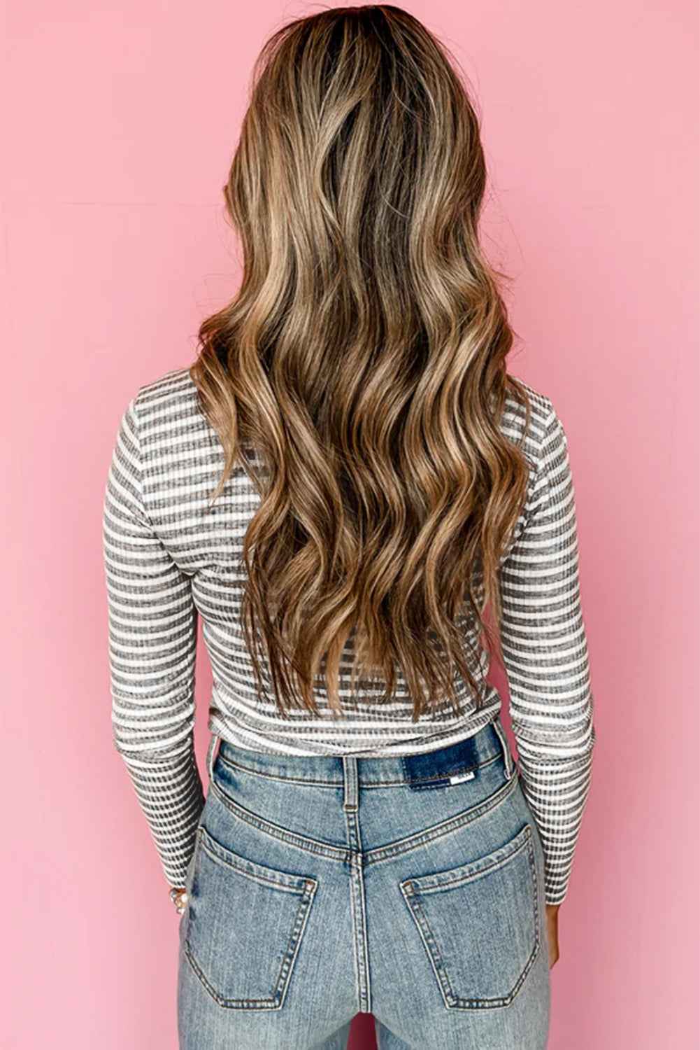 Gray Stripe Ribbed High Neck Slim Fit Long Sleeve Top by Wild and Free Boutique