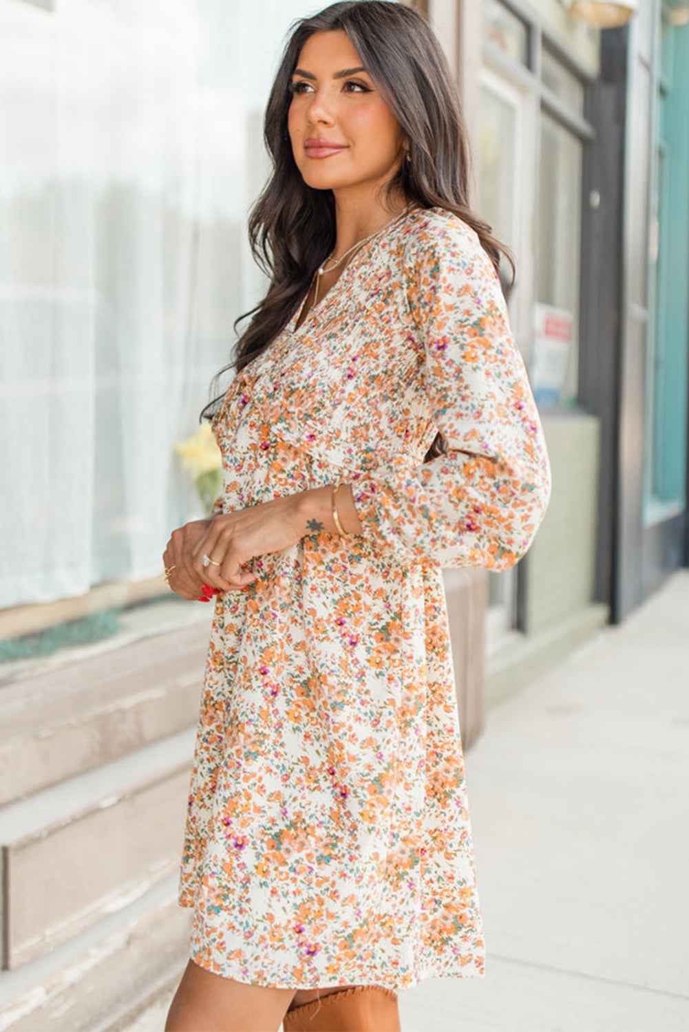 Yellow Boho Floral V Neck Ruffled Empire Waist Long Sleeve Mini Dress by Wild and Free Boutique