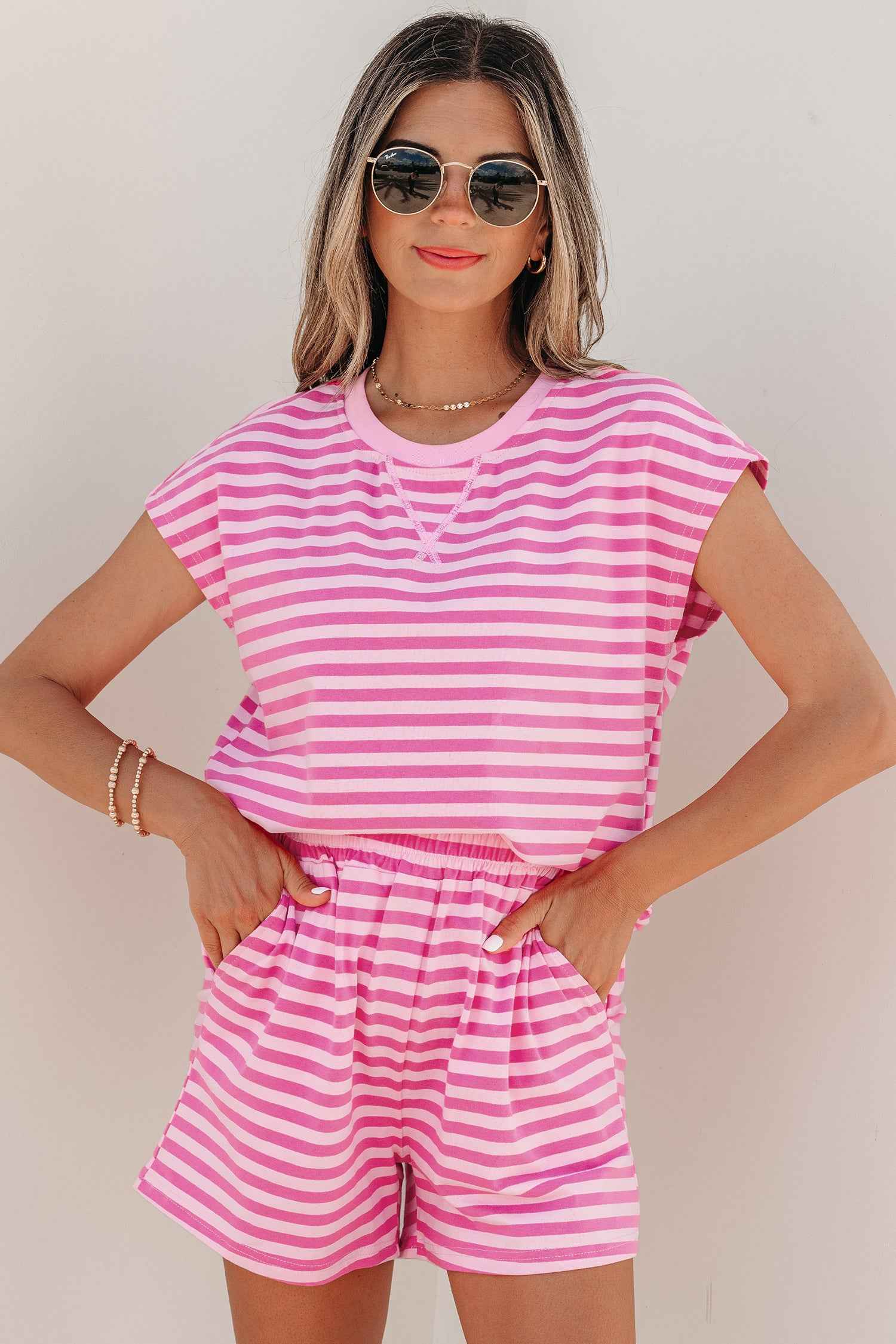 Pink Stripe Cap Sleeve Tee Elastic Waist Shorts 2pcs Outfit by Dear-Lover Dropshipping