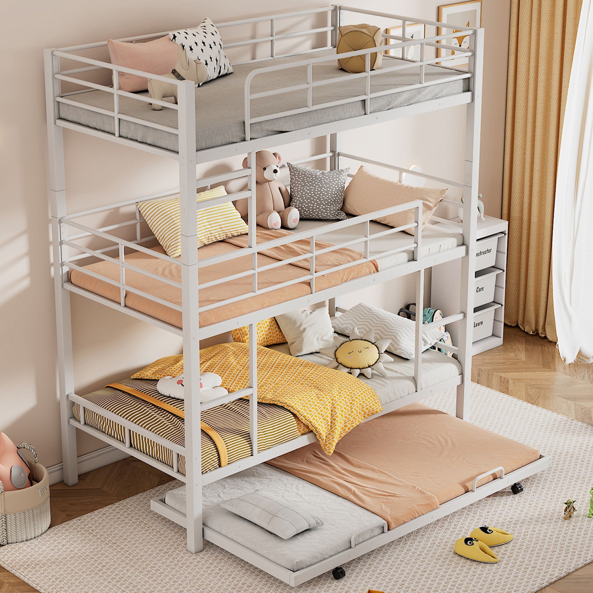 Triple Bunk Bed With Trundle, Heavy Duty Steel Construction by Unique Piece Furniture