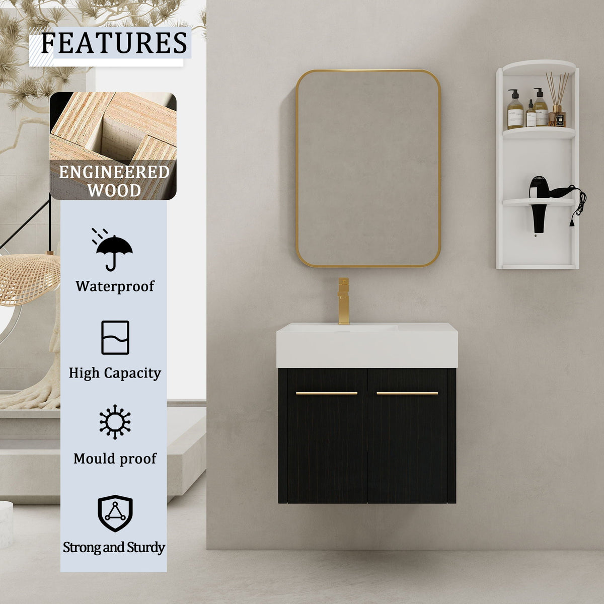 Modern Wall Mounted Bathroom Vanity With Thick Edge Resin Sink And Storage Rack by Unique Piece Furniture