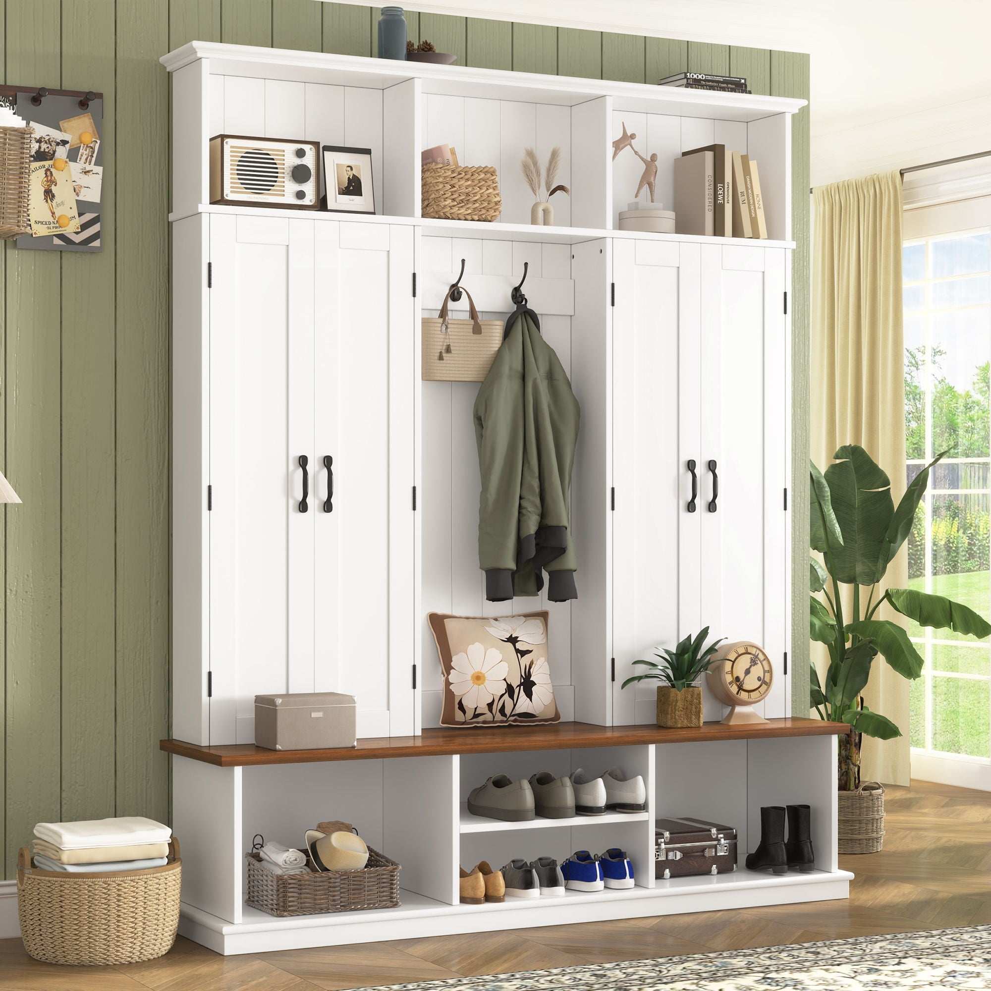 Entryway Hall Tree With Bench, 3 Top Cubbies & Bottom Storage Space by Unique Piece Furniture