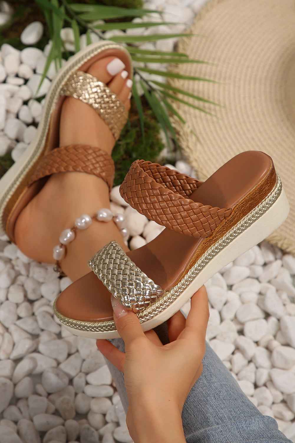 Gold Woven Two Band Color Block Wedge Slippers by Wild and Free Boutique