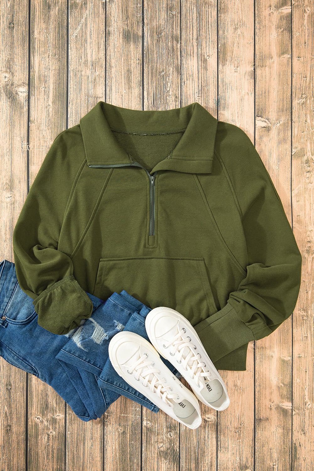 Smoke Green Quarter Zip Stand Neck Kangaroo Pocket Sweatshirt by Wild and Free Boutique