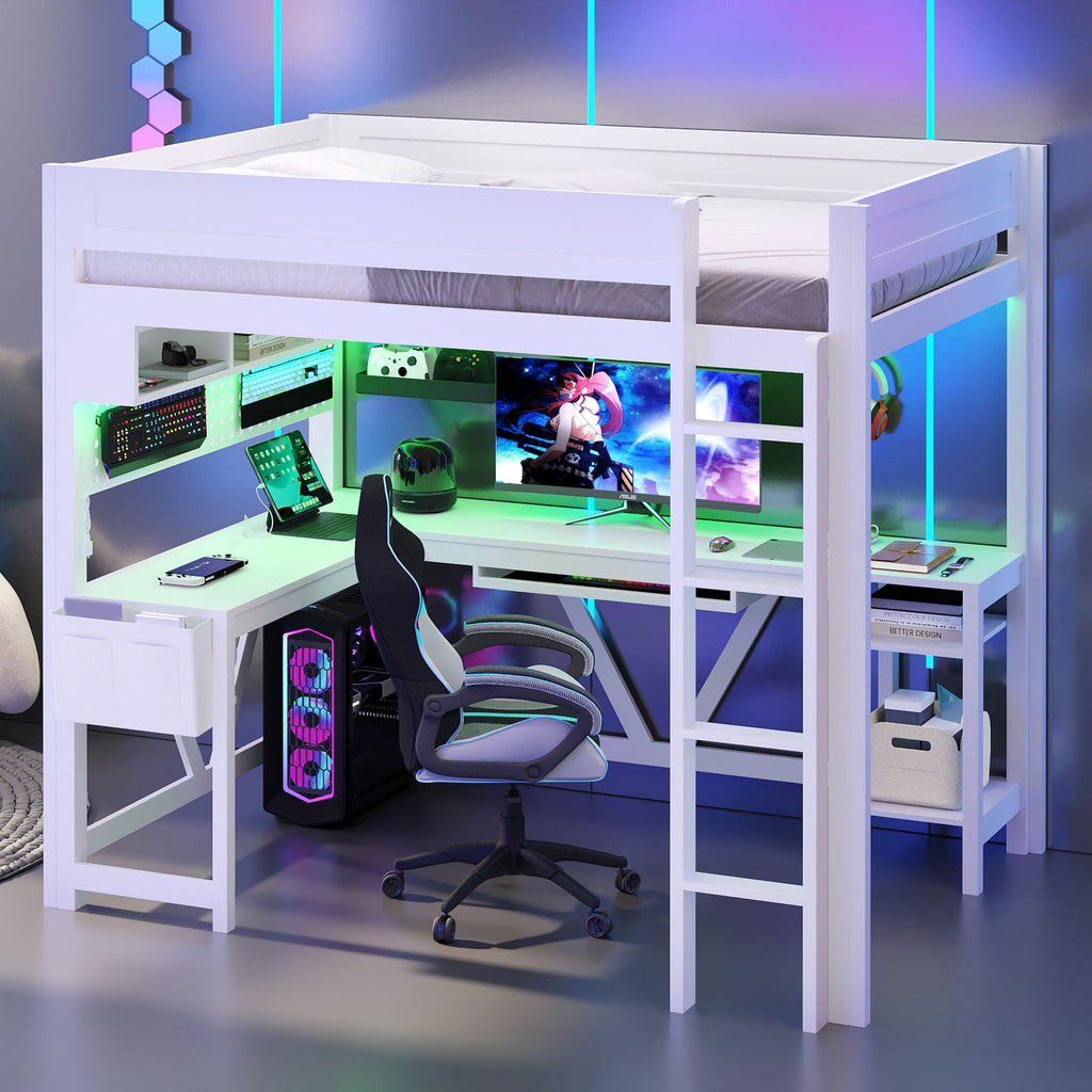 Gaming Loft Bed With Desk, Storage Shelves, LED And Charging Station by Unique Piece Furniture