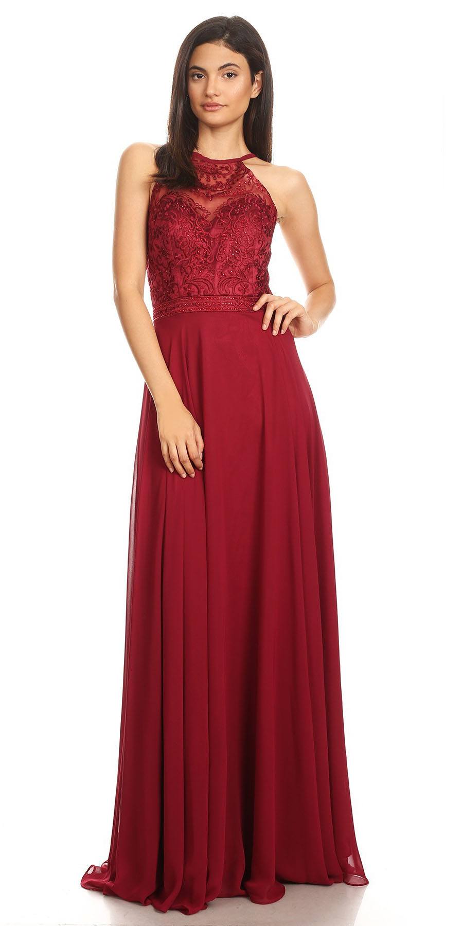 CLEARANCE - Eureka 8111 Chiffon Halter A-line Long Dress Lace Appliqued Bodice (Size L) by DiscountDressShop
