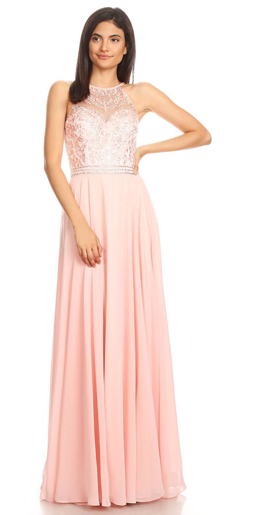 CLEARANCE - Eureka 8111 Chiffon Halter A-line Long Dress Lace Appliqued Bodice (Size L) by DiscountDressShop
