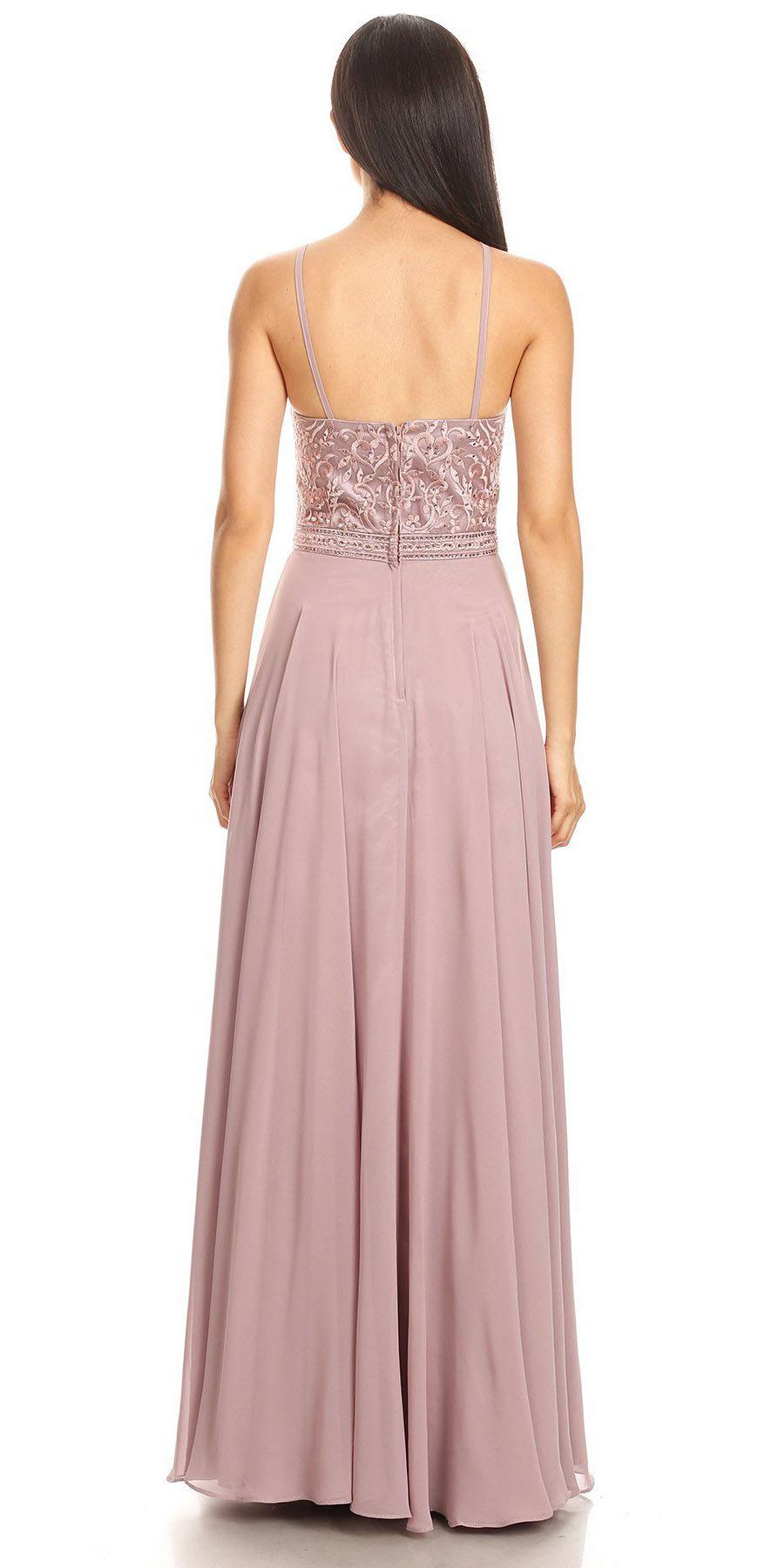 CLEARANCE - Eureka 8111 Chiffon Halter A-line Long Dress Lace Appliqued Bodice (Size L) by DiscountDressShop