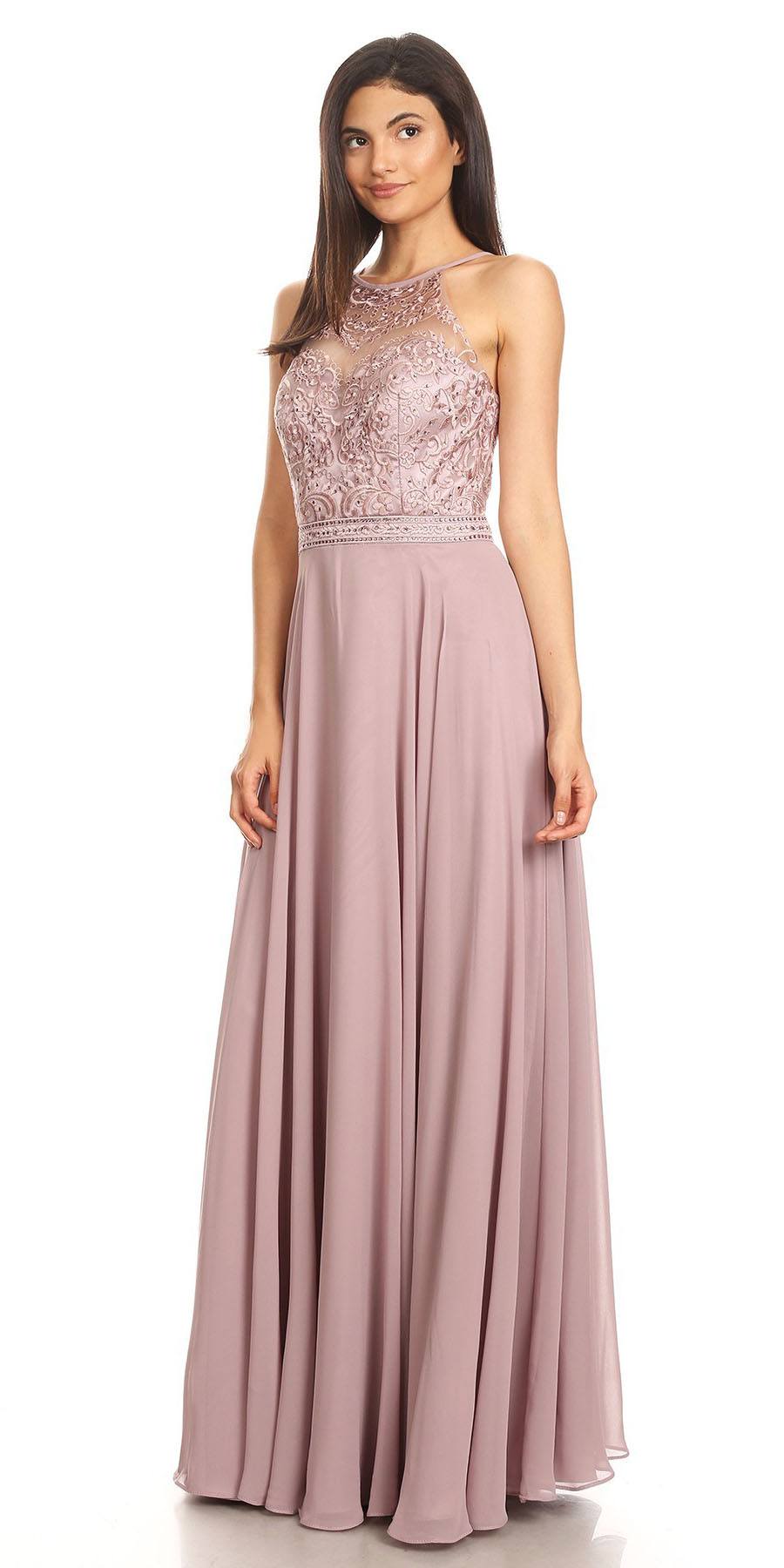 CLEARANCE - Eureka 8111 Chiffon Halter A-line Long Dress Lace Appliqued Bodice (Size L) by DiscountDressShop