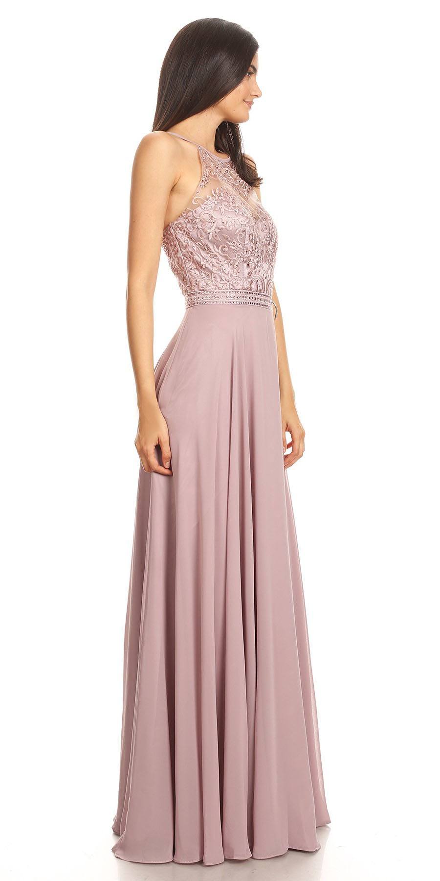 CLEARANCE - Eureka 8111 Chiffon Halter A-line Long Dress Lace Appliqued Bodice (Size L) by DiscountDressShop