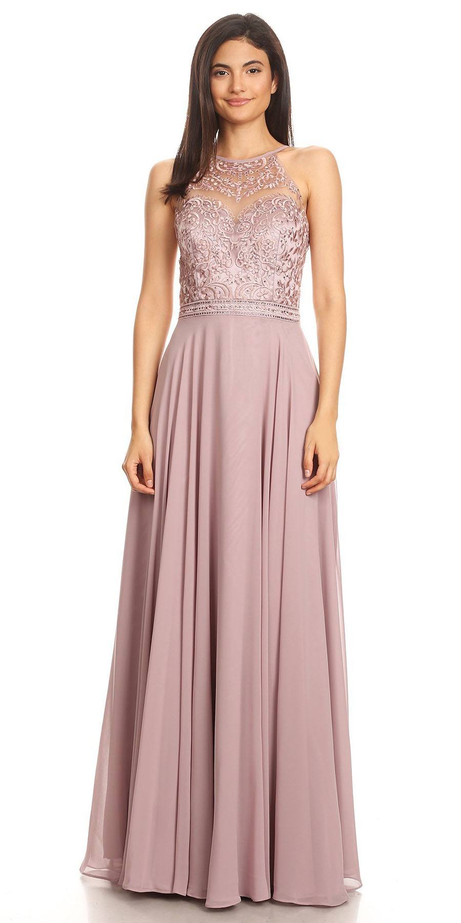 CLEARANCE - Eureka 8111 Chiffon Halter A-line Long Dress Lace Appliqued Bodice (Size L) by DiscountDressShop