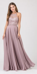 CLEARANCE - Eureka 8111 Chiffon Halter A-line Long Dress Lace Appliqued Bodice (Size L) by DiscountDressShop