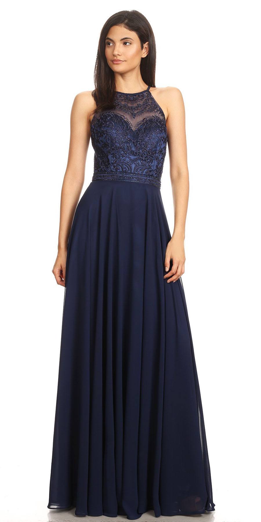 CLEARANCE - Eureka 8111 Chiffon Halter A-line Long Dress Lace Appliqued Bodice (Size L) by DiscountDressShop