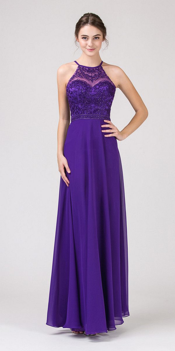 CLEARANCE - Eureka 8111 Chiffon Halter A-line Long Dress Lace Appliqued Bodice (Size L) by DiscountDressShop