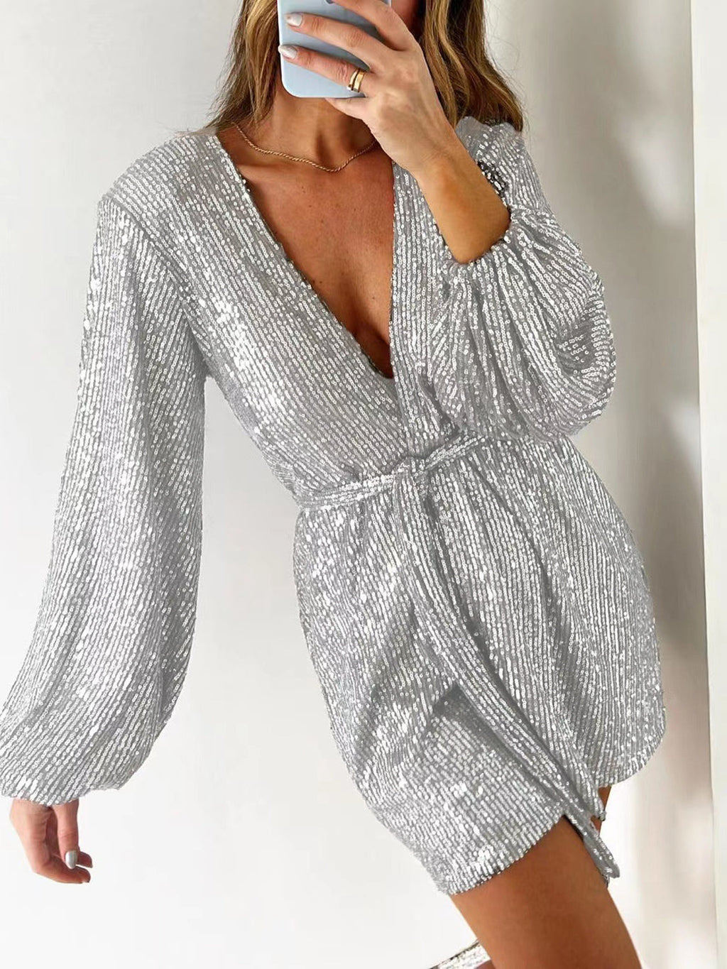 Full Size Sequin Surplice Tie Waist Long Sleeve Romper by Wild and Free Boutique