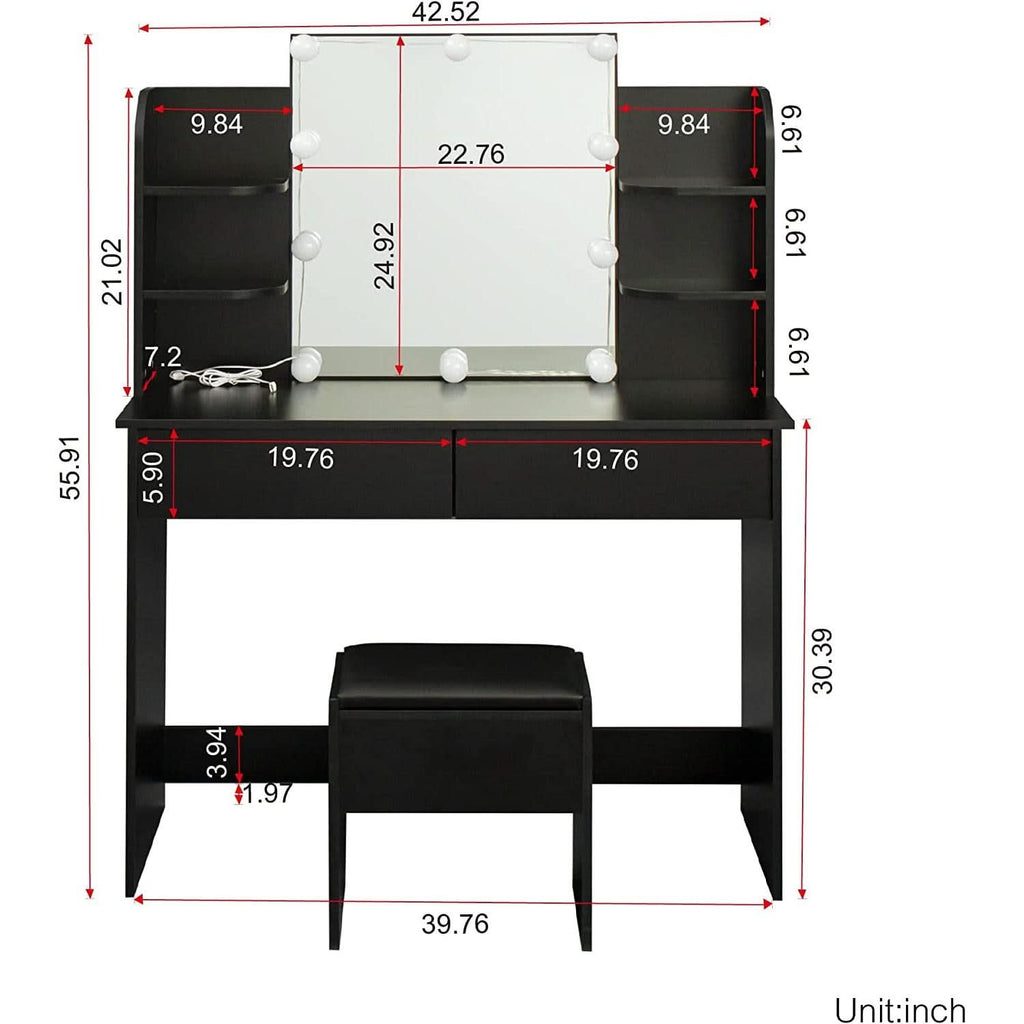 Black Vanity Set With 10 Lights For Bedroom Storage by ShipItFurniture