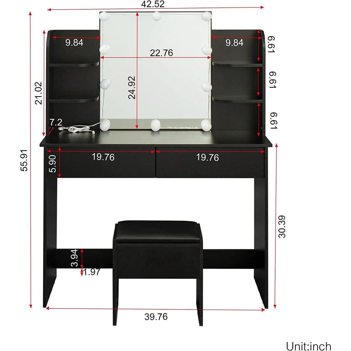 Black Vanity Set With 10 Lights For Bedroom Storage by ShipItFurniture
