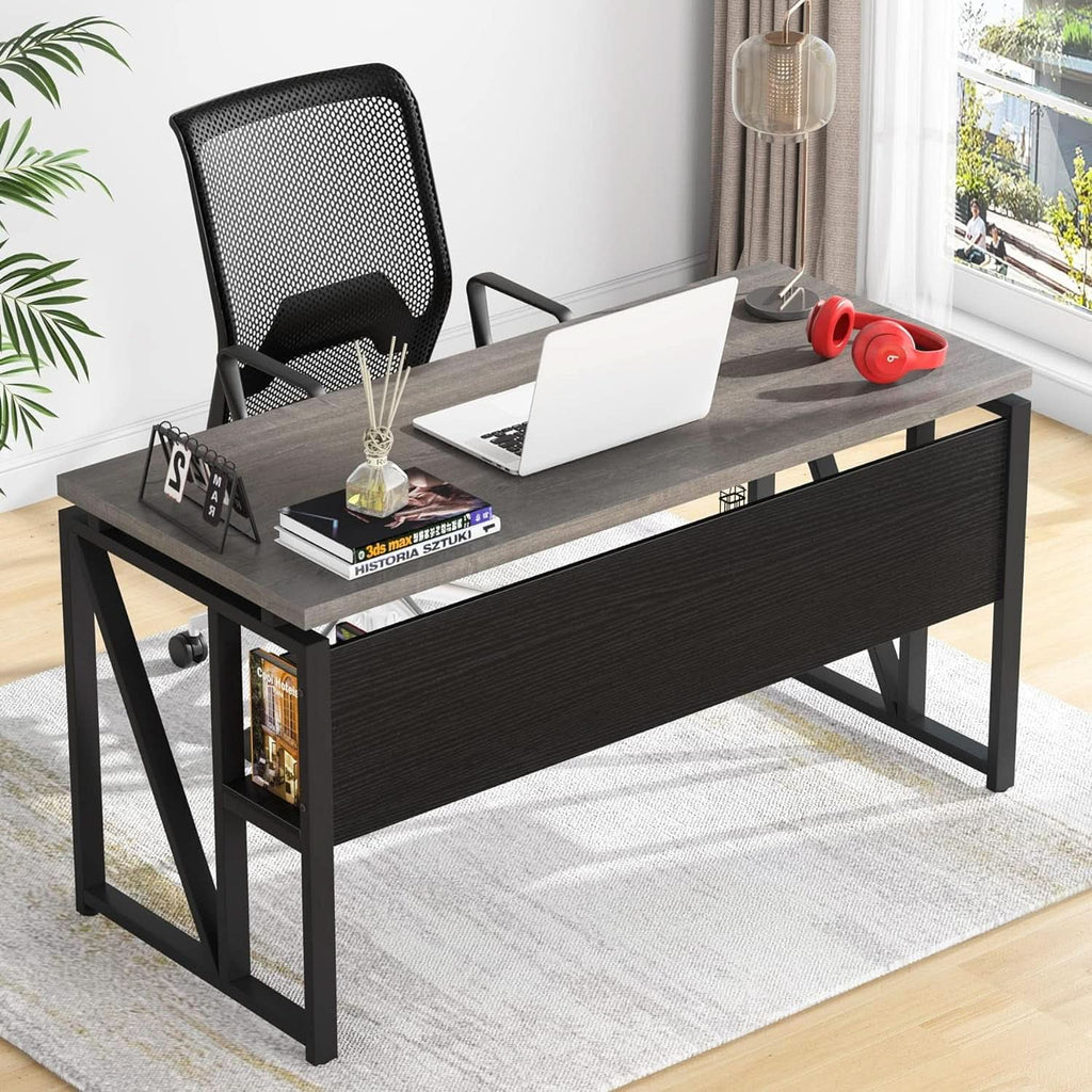 Gray L-Shaped Desk 55 Inch With Storage Cabinet For Office by ShipItFurniture