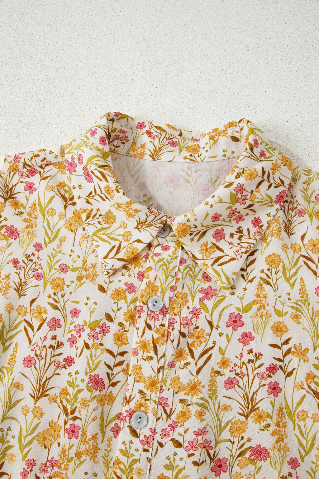 Yellow Floral Print Frilly Trim Smocked Cuff Long Sleeve Loose Shirt Dress by Wild and Free Boutique