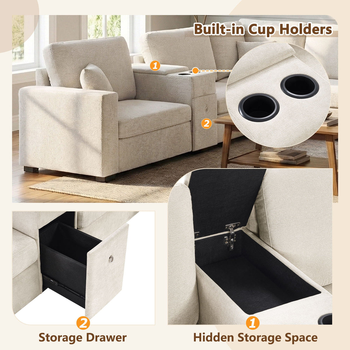 Modular 5 Seat U-Shape Sectional Sofa With Chaise Lounge, Built In Cup Holders And Storage Drawer by Unique Piece Furniture