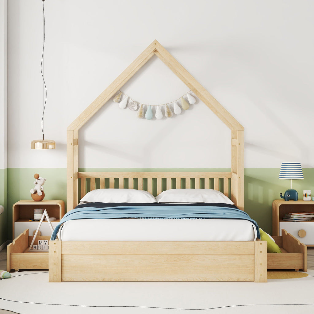 House Style Platform Bed With Guardrail And 2 Drawers by Unique Piece Furniture