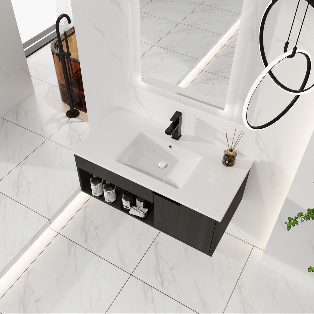 Wall Mounted Floating Bathroom Vanity With Open Shelf & Soft Close Door by Unique Piece Furniture
