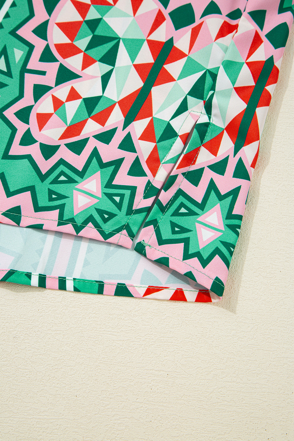 Sea Green Boho Abstract Print Contrast Striped Collared V Neck Blouse by Wild and Free Boutique