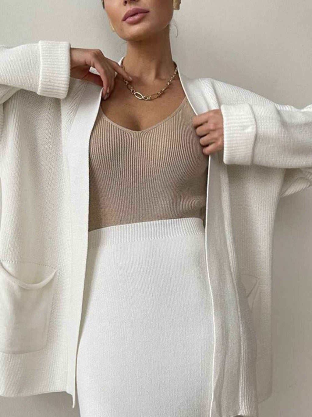 Pocketed Long Sleeve Cardigan and Skirt Sweater Set by Wild and Free Boutique