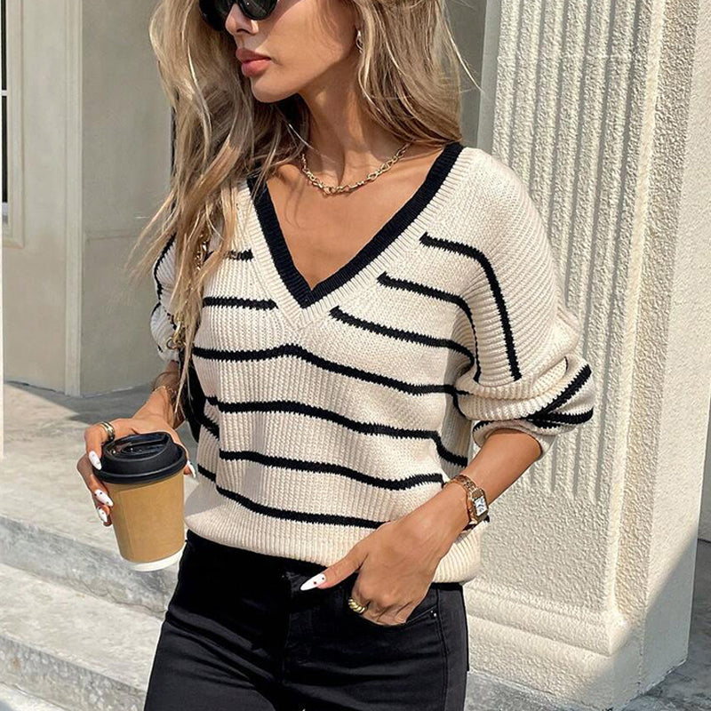 Women’s Striped V-Neck Sweater with Back Bow by FitiqueFit
