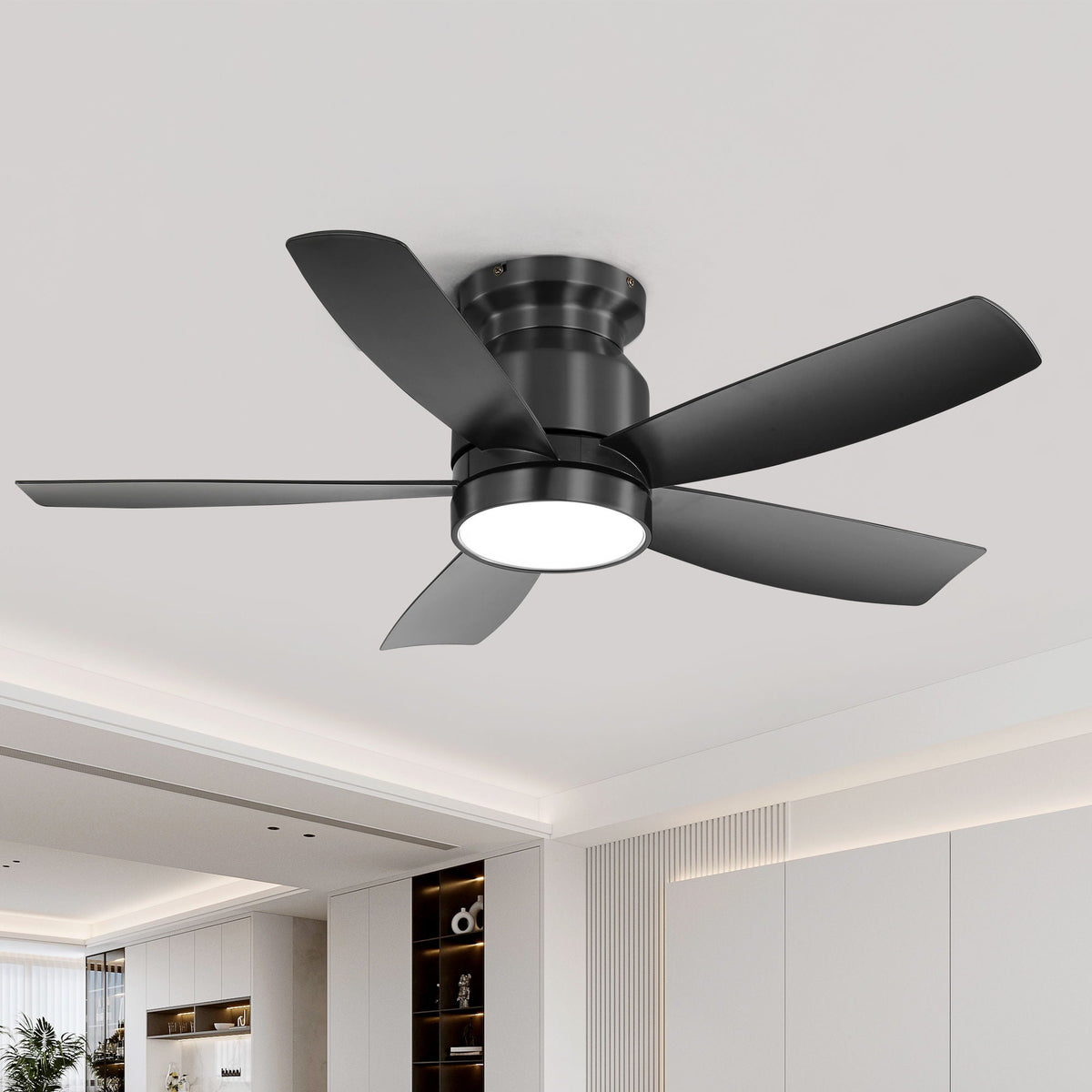 Flush Mount Ceiling Fan With LED Light 22W And Remote Control Blades For Indoor Use - Black by Unique Piece Furniture