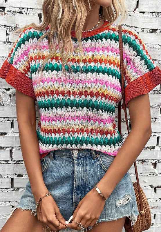 Contrast Round Neck Short Sleeve Sweater by Wild and Free Boutique