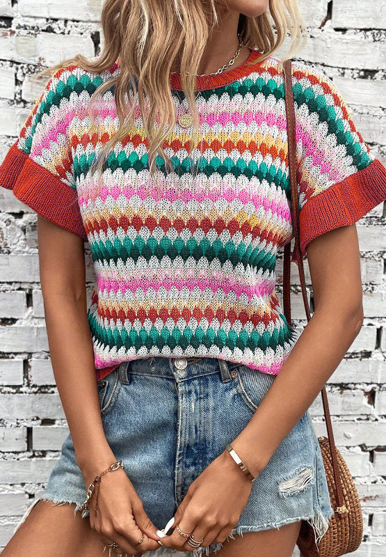 Contrast Round Neck Short Sleeve Sweater by Wild and Free Boutique