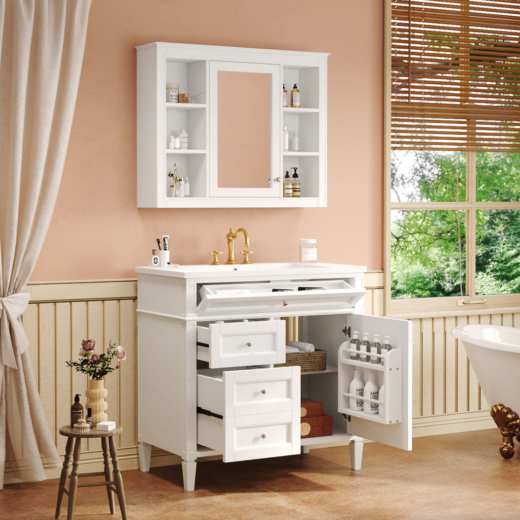 Bathroom Vanity With Mirror Cabinet, Single Sink With 2 Soft Closing Doors And 4 Drawers by Unique Piece Furniture
