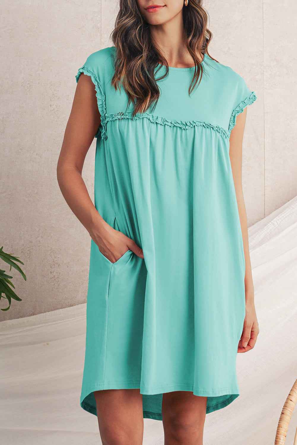 Mint Green Frilled Trim Crewneck Loose Fit Mini Dress by Wild and Free Boutique