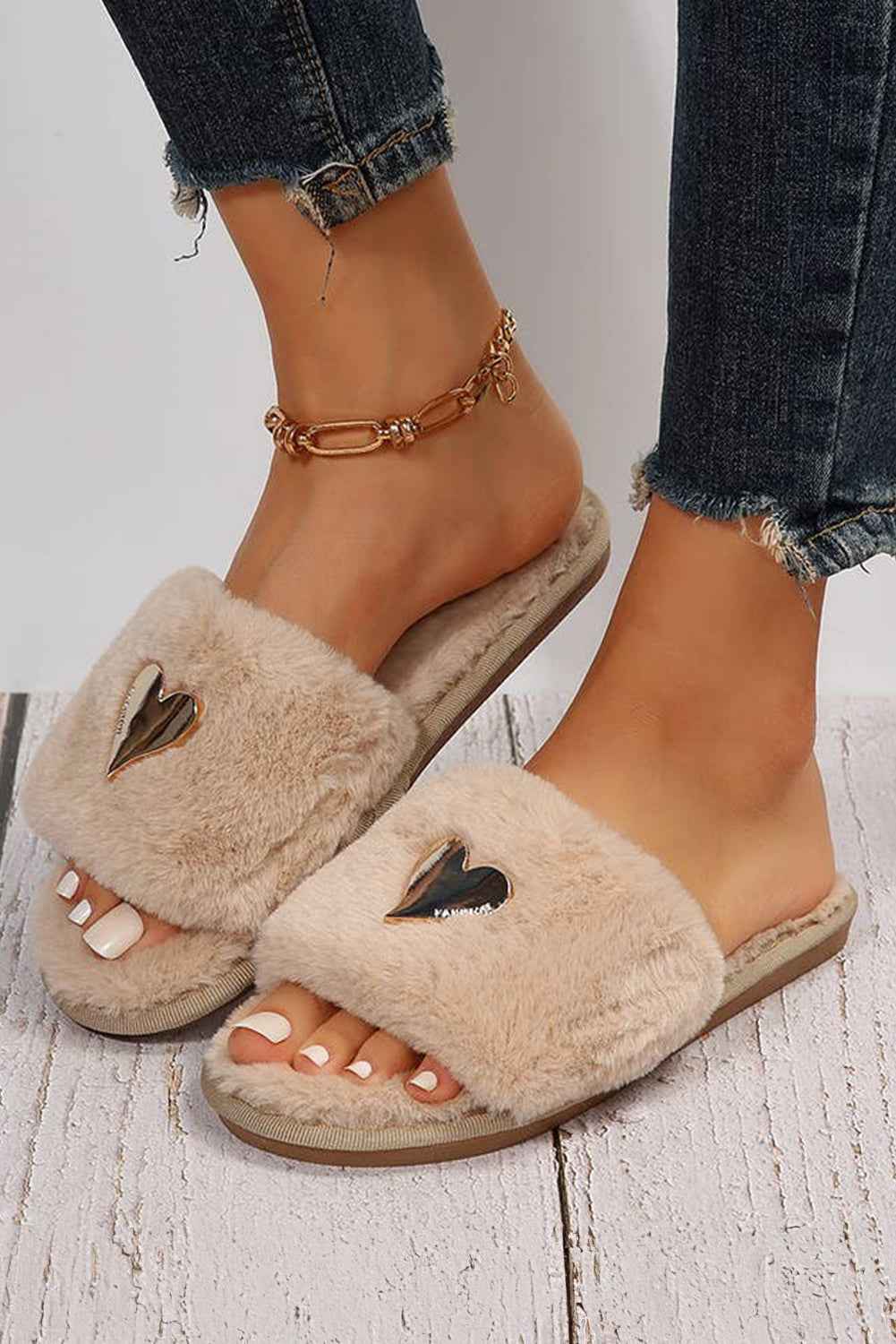 Parchment Heart Shape Buckle Decor Open Toe Plush Slippers by Wild and Free Boutique