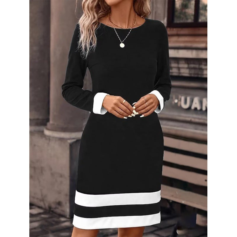 Fitted Color-Block Long-Sleeve Dress with Round Neckline by FitiqueFit