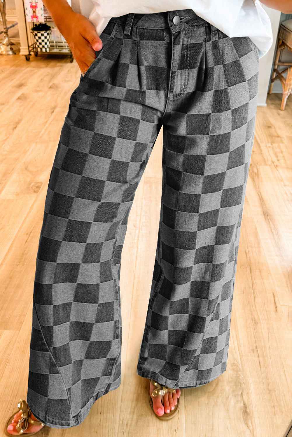 Dark Grey Checkered Denim Wide Leg Jeans by Dear-Lover Dropshipping