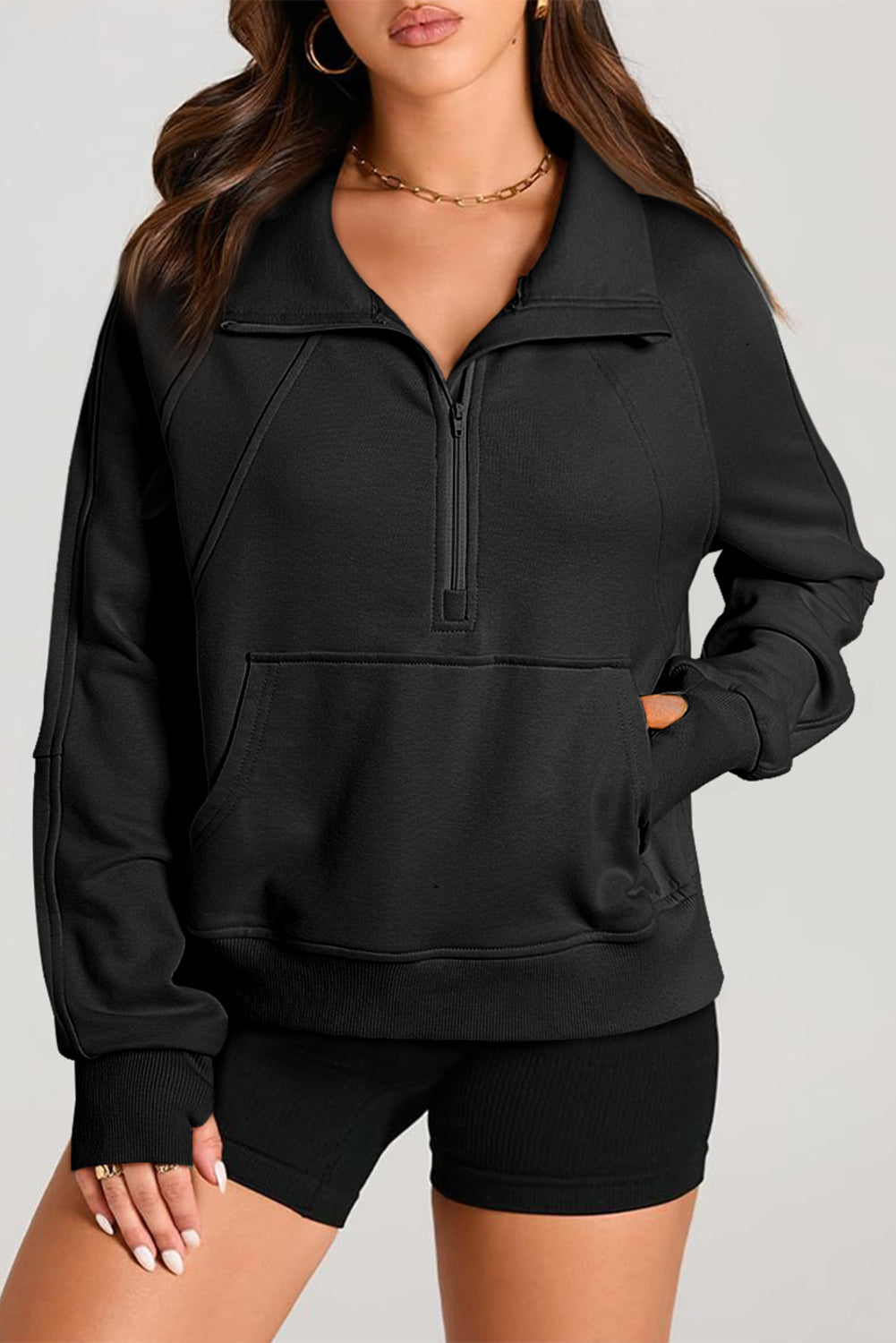 Smoke Green Quarter Zip Stand Neck Kangaroo Pocket Sweatshirt by Wild and Free Boutique