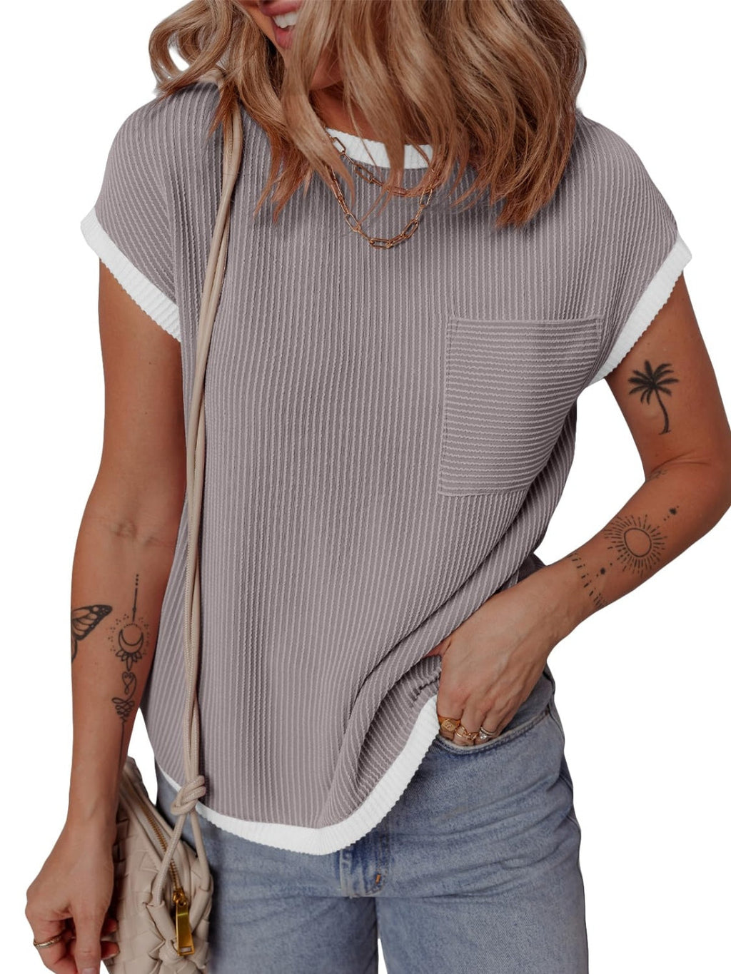 Contrast Trim Round Neck Short Sleeve T-Shirt by Wild and Free Boutique