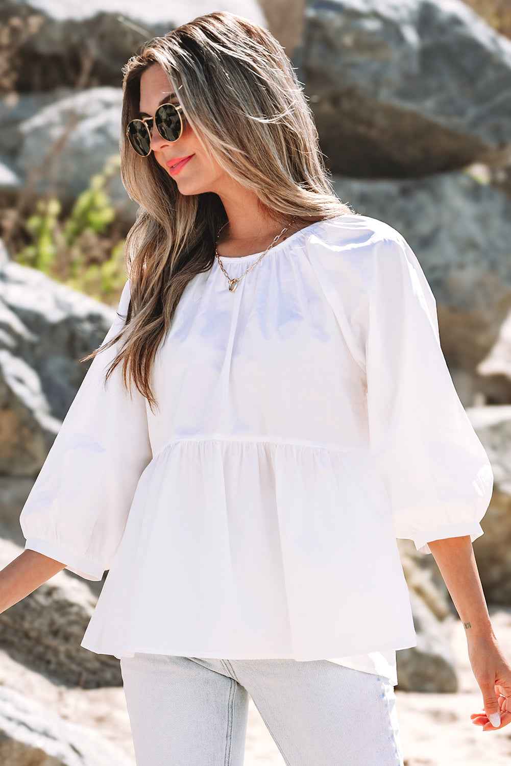 White Bow Knot Cutout Back Loose Fit 3/4 Sleeve Blouse by Dear-Lover Dropshipping