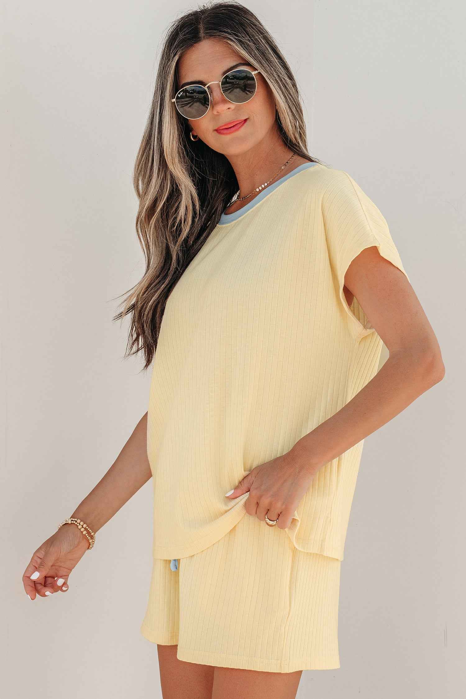 Clearly Aqua Soft Ribbed Color Block Trim Casual Short Set by Dear-Lover Dropshipping