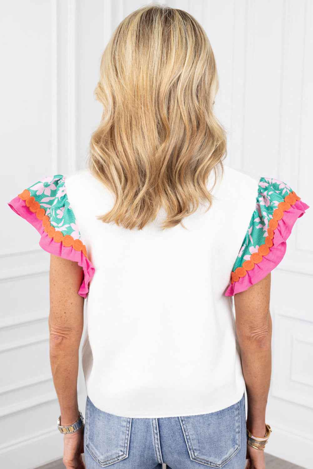 White Contrast Ricrac Floral Sleeve Top by Wild and Free Boutique