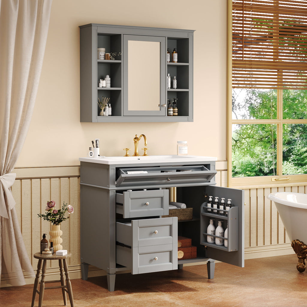 Bathroom Vanity With Mirror Cabinet, Single Sink With 2 Soft Closing Doors And 4 Drawers by Unique Piece Furniture