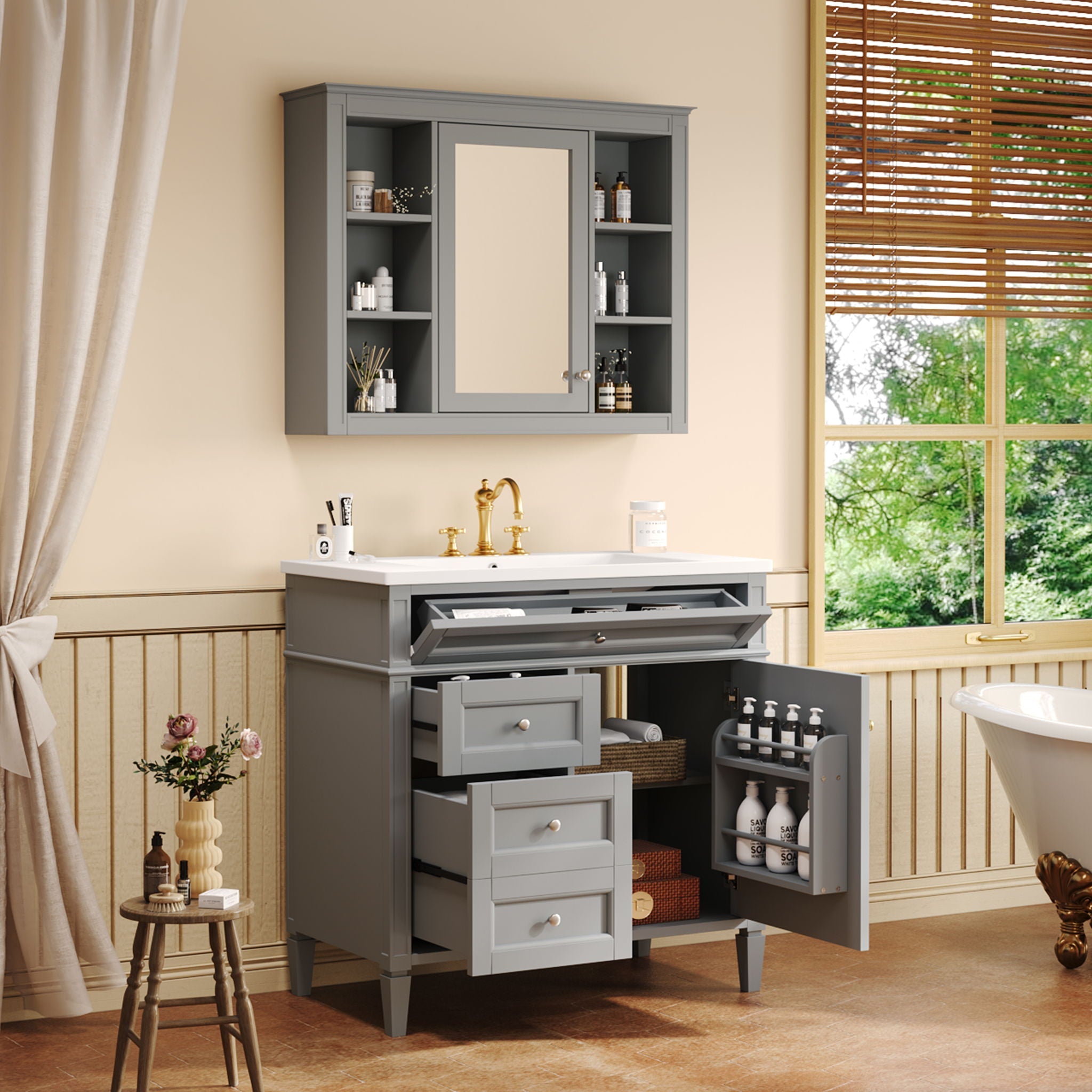 Bathroom Vanity With Mirror Cabinet, Single Sink With 2 Soft Closing Doors And 4 Drawers by Unique Piece Furniture