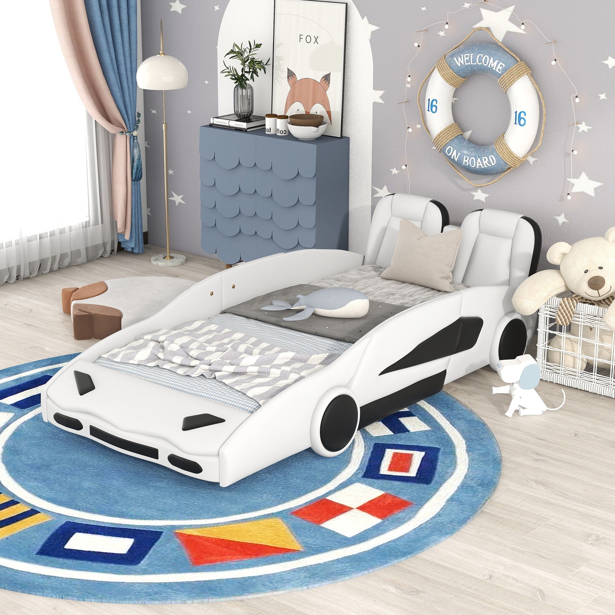 Race Car Shaped Twin Platform Bed With Wheels, Pine Wood Construction by Unique Piece Furniture