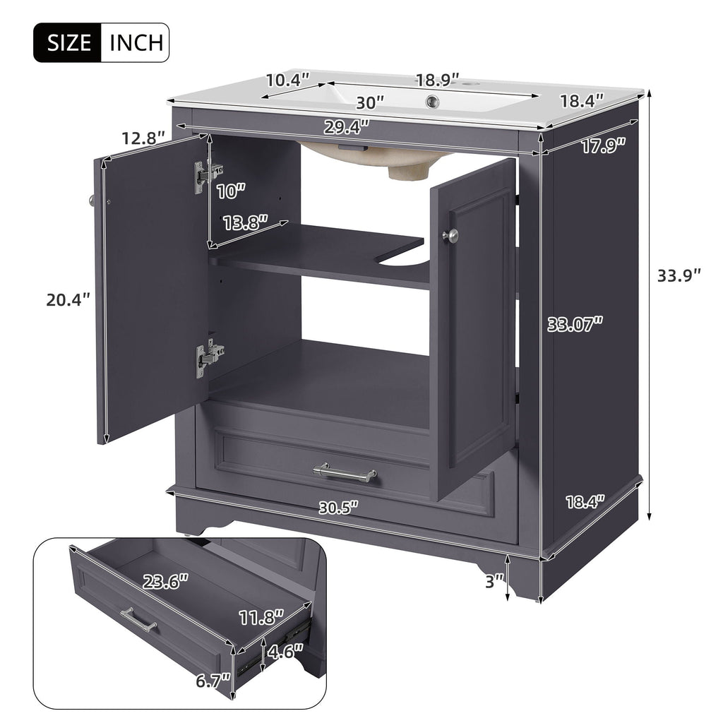 Bathroom Vanity With Sink, Cabinet & 2 Soft Closing Doors & Adjustable Shelf by Unique Piece Furniture