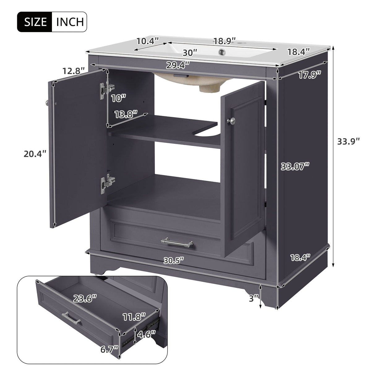 Bathroom Vanity With Sink, Cabinet & 2 Soft Closing Doors & Adjustable Shelf by Unique Piece Furniture