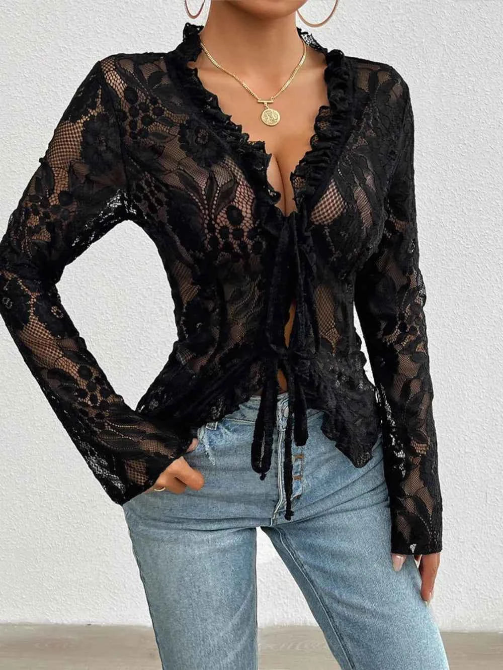 Tied V-Neck Long Sleeve Lace Top by Wild and Free Boutique
