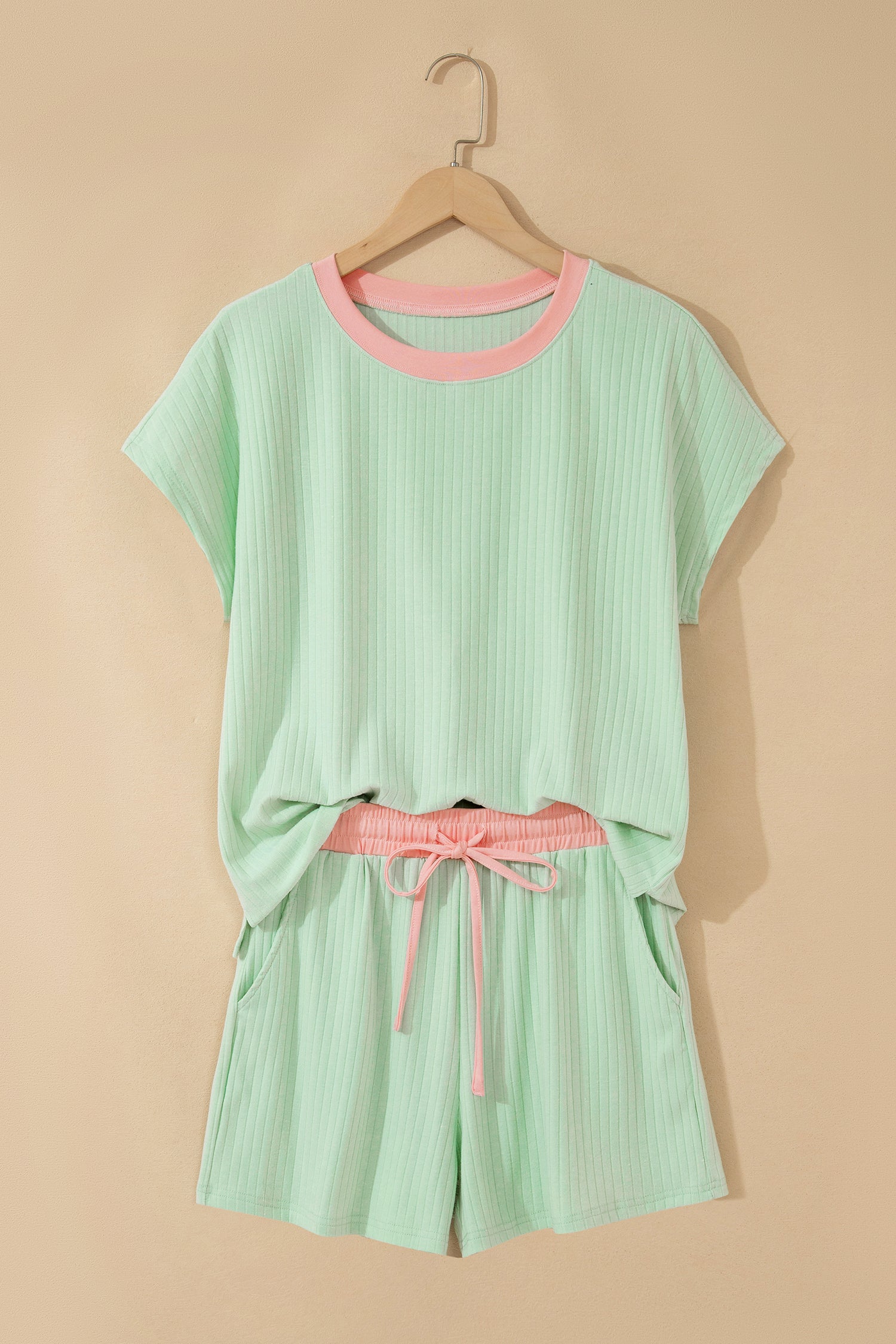 Clearly Aqua Soft Ribbed Color Block Trim Casual Short Set by Dear-Lover Dropshipping
